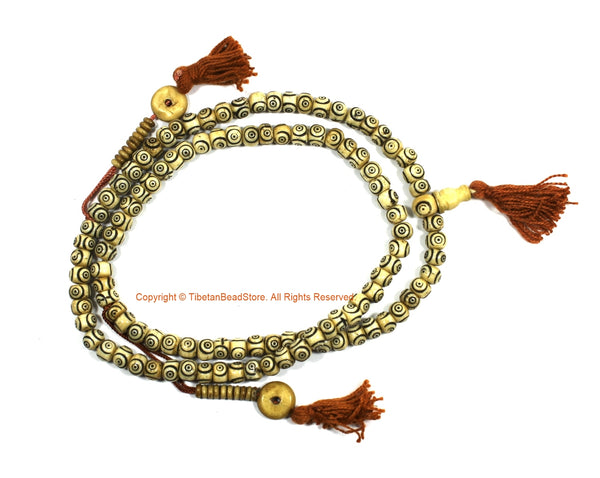 Tibetan Bone Carved Circles Mala Prayer Beads with Bone Disc Counters 8mm Size- 108 Beads- Natural Animal Bone Nepal Tibetan Beads - PB220