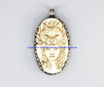 Real Solid 92.5 Sterling Silver Detailed Lotus Floral Carving & Beautiful Handcarved Bone Leopard Goddess Tibetan Pendant - SS8035