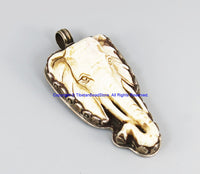 Real Solid 92.5 Sterling Silver Detailed Lotus Floral Carving & Beautiful Handcarved Bone Elephant Tibetan Pendant - SS8036