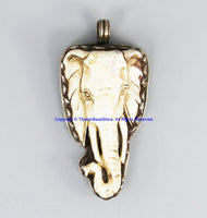 Real Solid 92.5 Sterling Silver Detailed Lotus Floral Carving & Beautiful Handcarved Bone Elephant Tibetan Pendant - SS8036