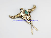 Real Solid 92.5 Sterling Silver Detailed Floral Carving, Leaves & Bull Head Buffalo Bone Tibetan Pendant with Turquoise Inlay - SS8038
