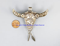 Real Solid 92.5 Sterling Silver Detailed Floral Carving, Leaves & Bull Head Buffalo Bone Tibetan Pendant with Turquoise Inlay - SS8038