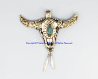 Real Solid 92.5 Sterling Silver Detailed Floral Carving, Leaves & Bull Head Buffalo Bone Tibetan Pendant with Turquoise Inlay - SS8038