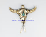 Real Solid 92.5 Sterling Silver Detailed Floral Carving, Leaves & Bull Head Buffalo Bone Tibetan Pendant with Turquoise Inlay - SS8038