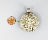 Ethnic Tibetan Ammonite Fossil Shell Pearl Pendant with Repousse Tibetan Silver Border & Floral Details - Handmade Jewelry - SS8044