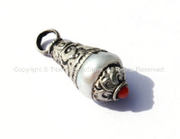 Tibetan Pearl Charm Pendant with Repousse Tibetan Silver Caps & Coral Accent - TibetanBeadStore Tibetan Charms, Pendants - WM1873-1