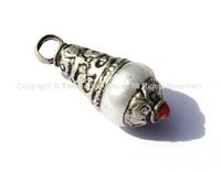 Tibetan Pearl Charm Pendant with Repousse Tibetan Silver Caps & Coral Accent - TibetanBeadStore Tibetan Charms, Pendants - WM1873-1