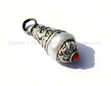 Tibetan Pearl Charm Pendant with Repousse Tibetan Silver Caps & Coral Accent - TibetanBeadStore Tibetan Charms, Pendants - WM1873-1