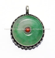 Tibetan Green Jade Pendant with Coral Accent - Ethnic Jewelry - WM2258