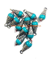Small Tibetan Turquoise Resin Drop Charm Pendants with Tibetan Silver Caps and Red Coral Accent - Ethnic Turquoise Drops with Metal Cap - WM4008S-5