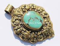 OOAK LARGE Repousse Carved Brass Tibetan Pendant with Turquoise Inlay, Repousse Auspicious Conch, Lotus Floral Detail - WM4909