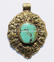 OOAK LARGE Repousse Carved Brass Tibetan Pendant with Turquoise Inlay, Repousse Auspicious Conch, Lotus Floral Detail - WM4909