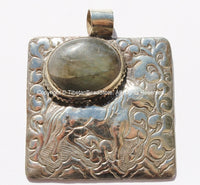 OOAK Tibetan Tribal Style Labradorite Pendant with Repousse Horse Animal & Floral Details - Tibetan Pendant Jewelry - WM5626