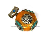 Tibetan Reversible Round Amber Resin Pendant with Turquoise Inlays, Repousse Tibetan Silver Auspicious Conch & Vajra Details - WM6093B