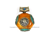 Tibetan Reversible Round Amber Resin Pendant with Turquoise Inlays, Repousse Tibetan Silver Auspicious Conch & Vajra Details - WM6093B