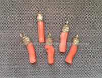 Ethnic Tribal Tibetan Coral Stick Pendant with Repousse Tibetan Silver Floral Repousse Caps - Tribal Coral Pendant - Coral Charms - WM7346