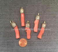 Ethnic Tribal Tibetan Coral Stick Pendant with Repousse Tibetan Silver Floral Repousse Caps - Tribal Coral Pendant - Coral Charms - WM7346