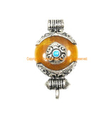 Small Ethnic Tibetan Amber Resin Ghau Amulet Charm Pendant with Tibetan Silver Caps, Repousse Auspicious Conch & Floral Detail - WM7962