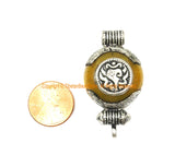 Small Ethnic Tibetan Amber Resin Ghau Amulet Charm Pendant with Tibetan Silver Caps, Repousse Auspicious Conch & Floral Detail - WM7962