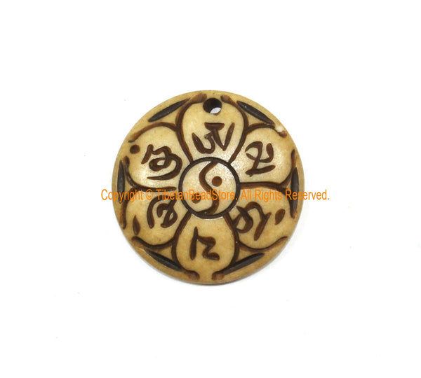 Ethnic Tribal OM Mani Padme Hung Mantra, Yin Yang & Lotus Flower Design Handmade Carved Bone Pendant - WM7971