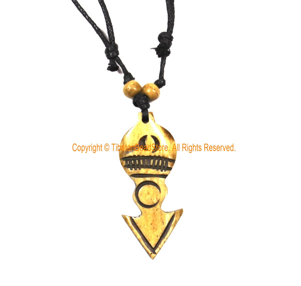 Vajra Design Carved Bone Pendant on Adjustable Cord - Vajra Dorje - Ethnic Tribal Handmade Unisex Boho Jewelry - WM7974