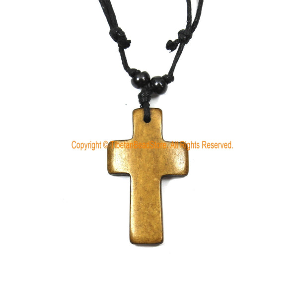 Bone Cross Necklace - Cross Carved Bone Pendant on Adjustable Cord - Ethnic Tribal Handmade Unisex Boho Jewelry - WM7975