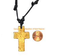 Bone Cross Necklace - Cross Carved Bone Pendant on Adjustable Cord - Ethnic Tribal Handmade Unisex Boho Jewelry - WM7975