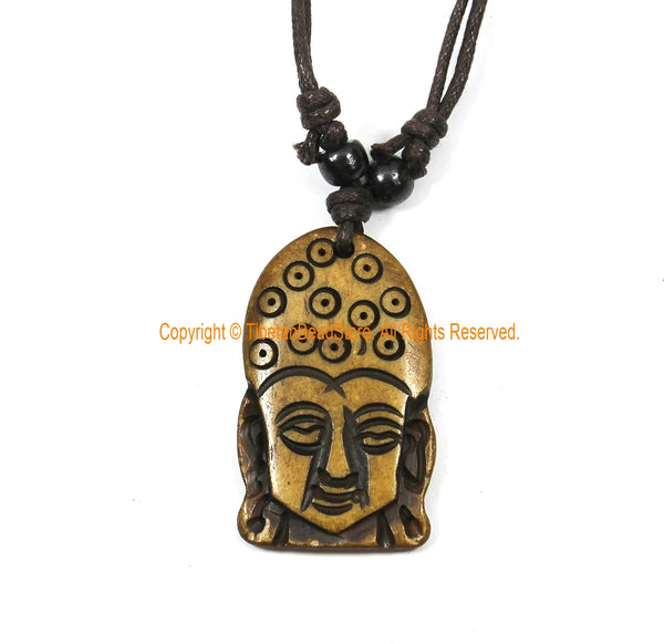 Buddha Head Design Carved Bone Pendant on Adjustable Cord - Buddha Head - Ethnic Tribal Handmade Unisex Boho Jewelry - WM7980