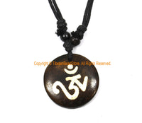 OM Mantra Design Carved Bone Pendant on Adjustable Cord - Ethnic Tribal Handmade Unisex Boho Jewelry - WM7984