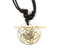 OM Mantra & Auspicious Lotus Flower Design Carved Bone Pendant on Adjustable Cord - Ethnic Tribal Handmade Unisex Boho Jewelry - WM7986