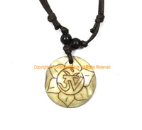 OM Mantra & Auspicious Lotus Flower Design Carved Bone Pendant on Adjustable Cord - Ethnic Tribal Handmade Unisex Boho Jewelry - WM7987