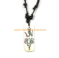 Tibetan OM Mantra Buddha Eyes Bone Pendant on Adjustable Cord - OM Buddha Wisdom Eyes - Bone Rectangular Bar Mantra Pendant- WM7989